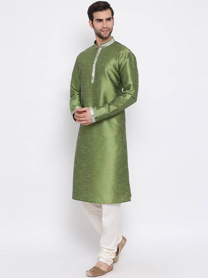 Sarvati Men's Green Floral Jacquard Jacket With Silk Kurta and Pyjama Set