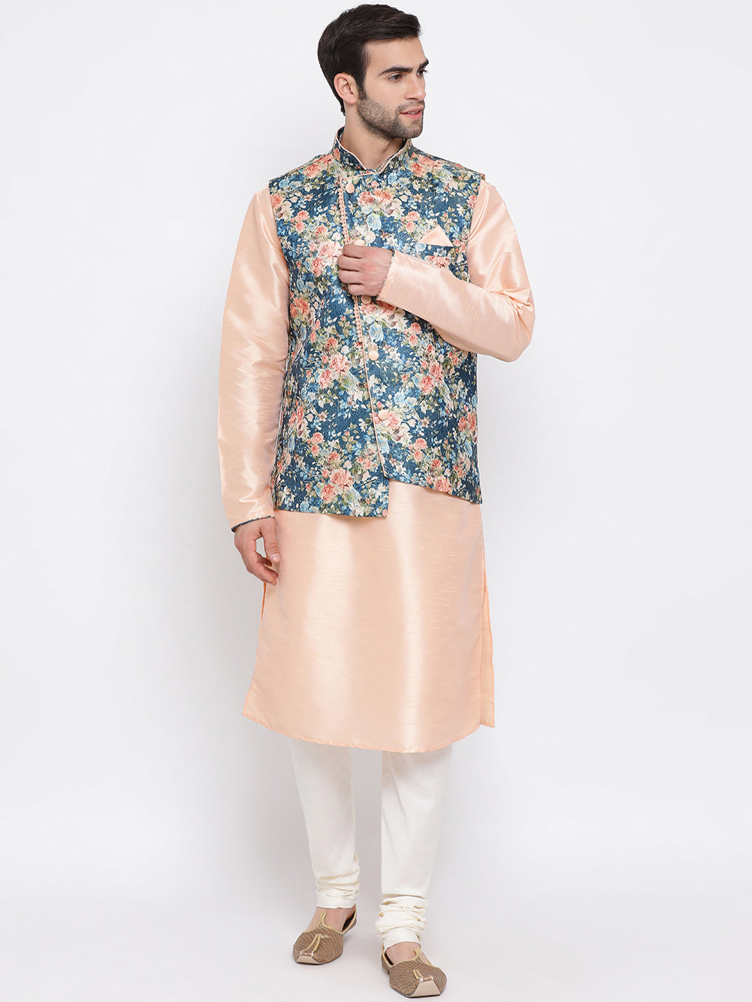 Sarvati Peach Floral Jacquard Jacket With Silk Kurta and Pyjama Set