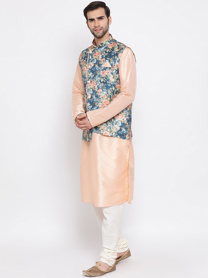 Sarvati Peach Floral Jacquard Jacket With Silk Kurta and Pyjama Set