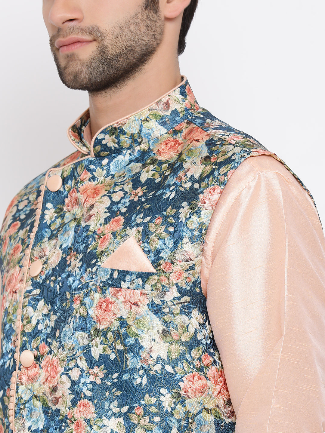 Sarvati Peach Floral Jacquard Jacket With Silk Kurta and Pyjama Set