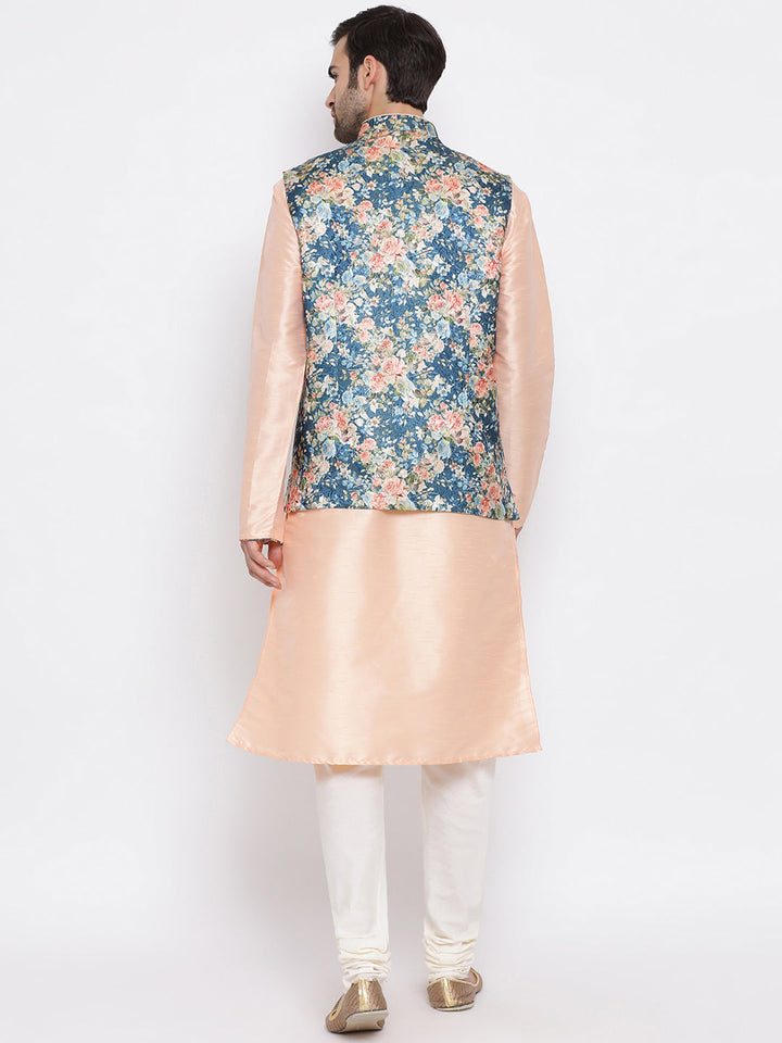 Sarvati Peach Floral Jacquard Jacket With Silk Kurta and Pyjama Set