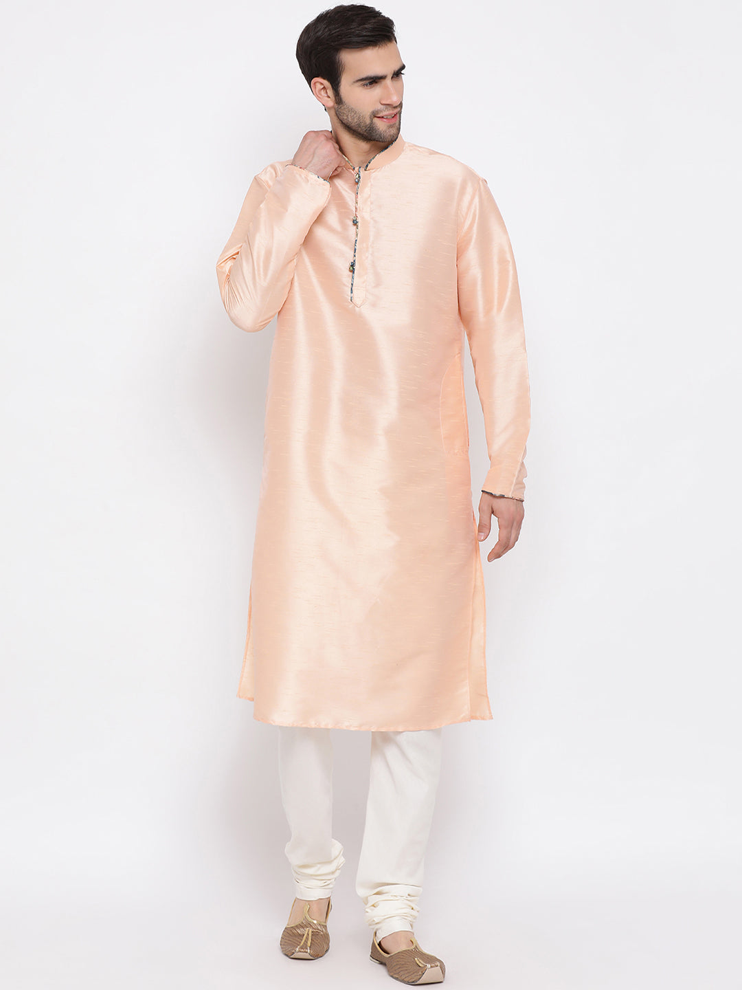 Sarvati Peach Floral Jacquard Jacket With Silk Kurta and Pyjama Set