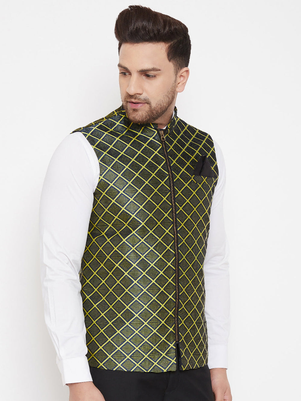Men's Green Jute Cotton Zipper Nehru Jacket - view 2