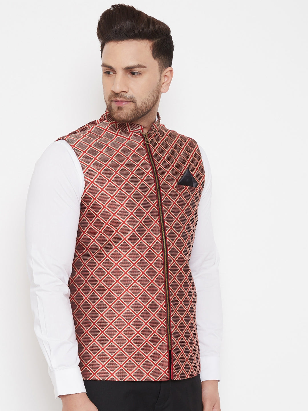 Men's Red Jute Cotton Zipper Nehru Jacket - view 2