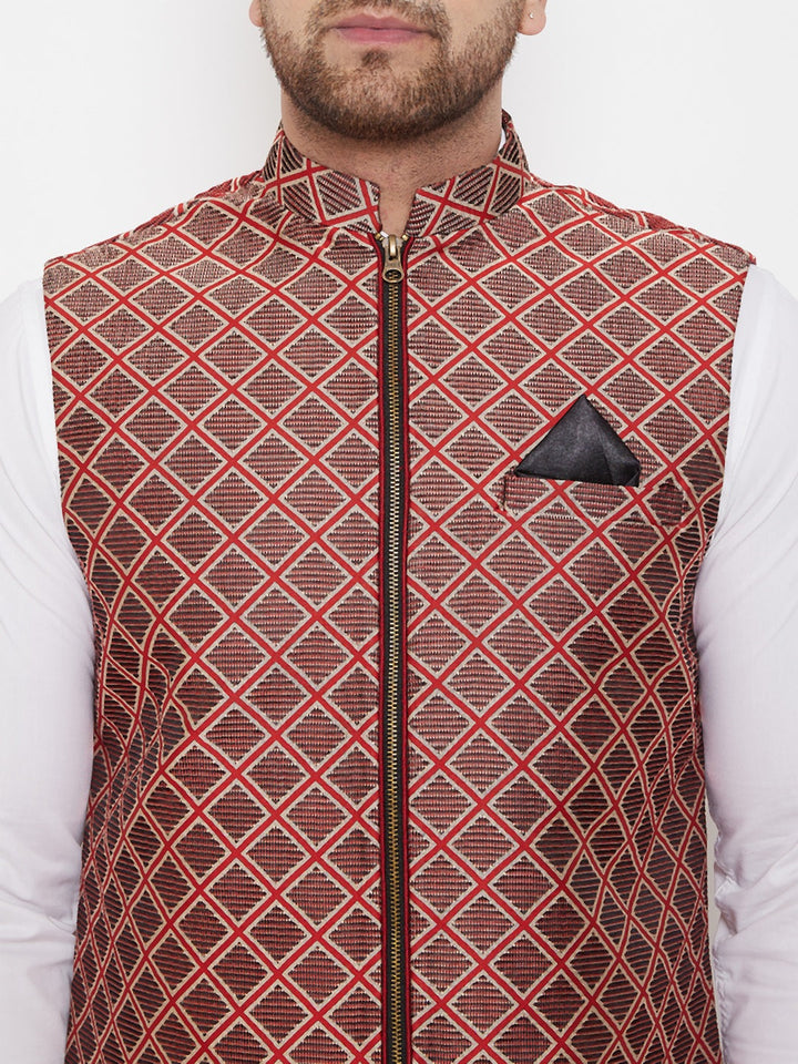 Men's Red Jute Cotton Zipper Nehru Jacket - view 4