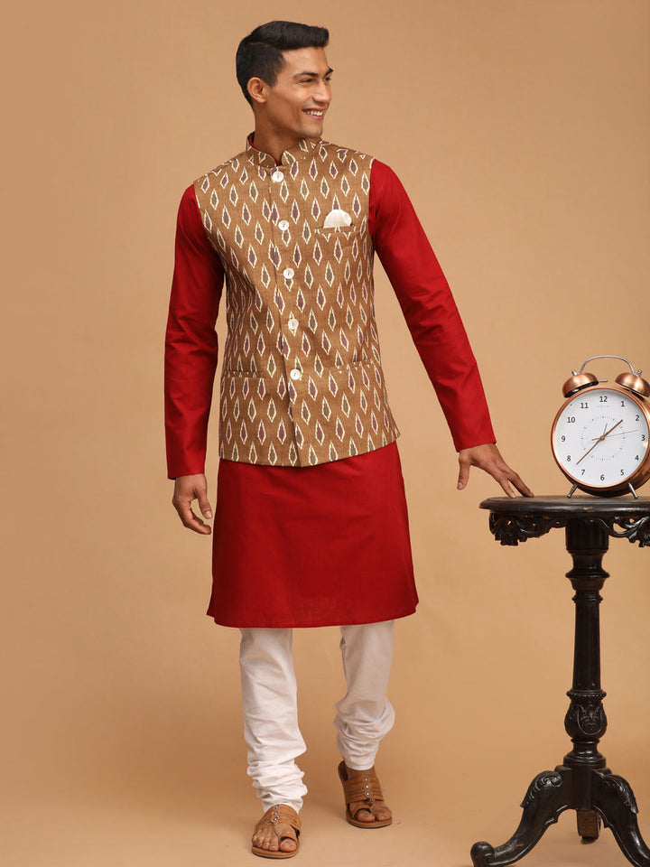 Sarvati Men's Green Printed Cotton Nehru Jacket With Maroon Kurta And White Pyjama Set