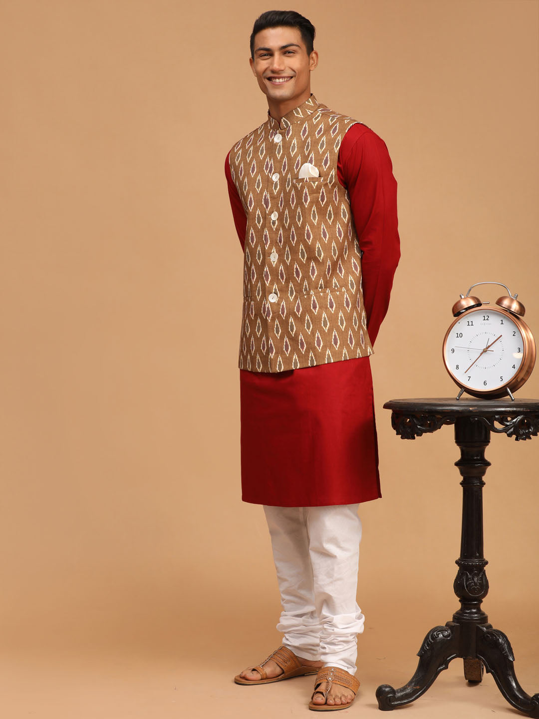 Sarvati Men's Green Printed Cotton Nehru Jacket With Maroon Kurta And White Pyjama Set