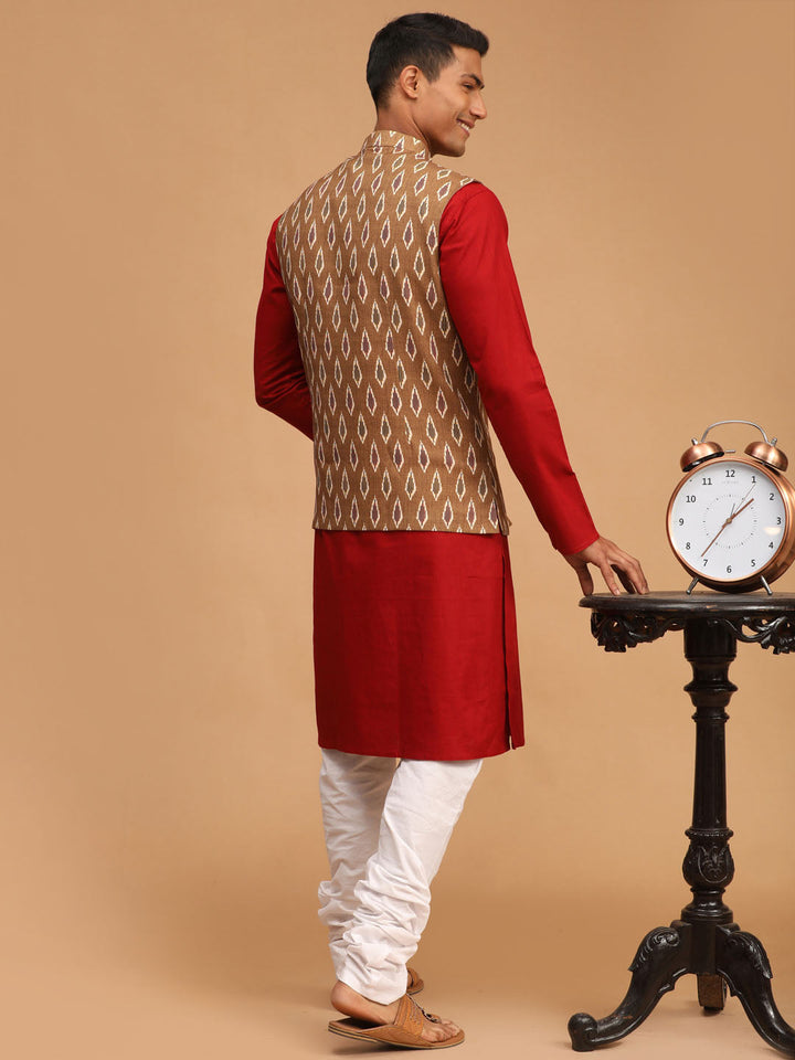 Sarvati Men's Green Printed Cotton Nehru Jacket With Maroon Kurta And White Pyjama Set