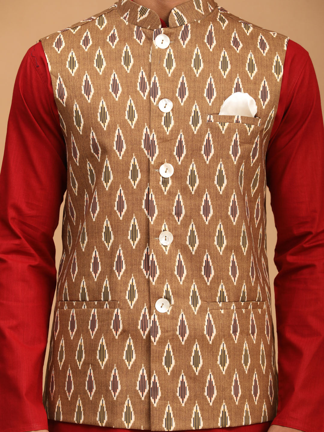 Sarvati Men's Green Printed Cotton Nehru Jacket With Maroon Kurta And White Pyjama Set