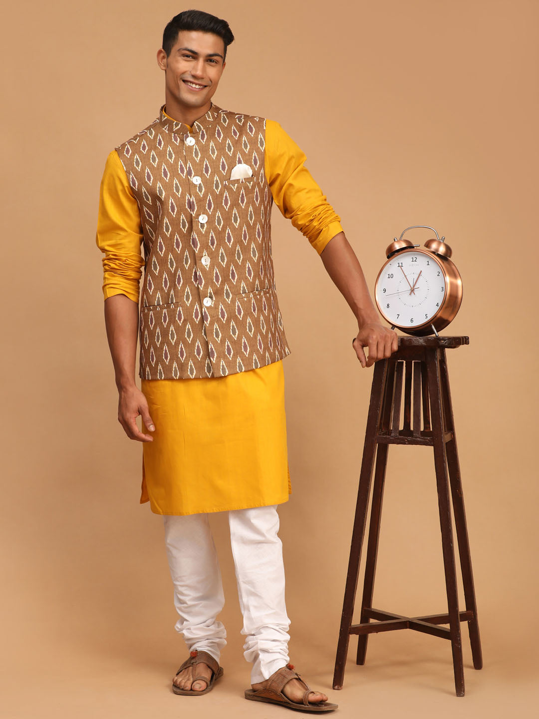 Sarvati Men's Green Printed Cotton Nehru Jacket With Mustard Kurta And White Pyjama Set