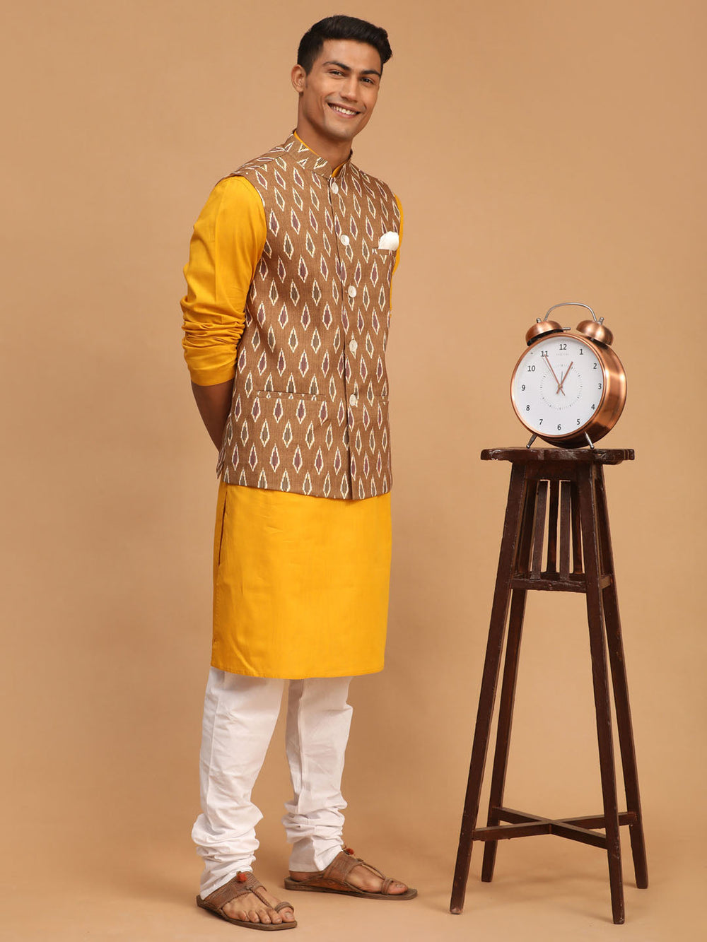 Sarvati Men's Green Printed Cotton Nehru Jacket With Mustard Kurta And White Pyjama Set