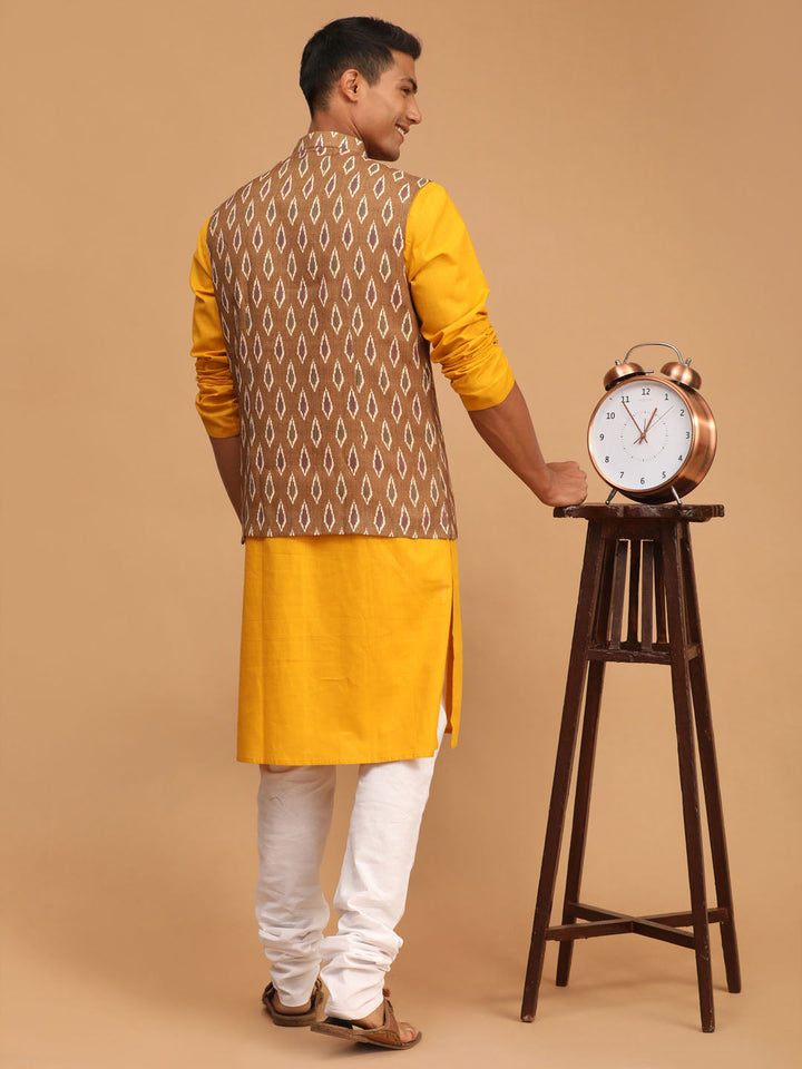 Sarvati Men's Green Printed Cotton Nehru Jacket With Mustard Kurta And White Pyjama Set