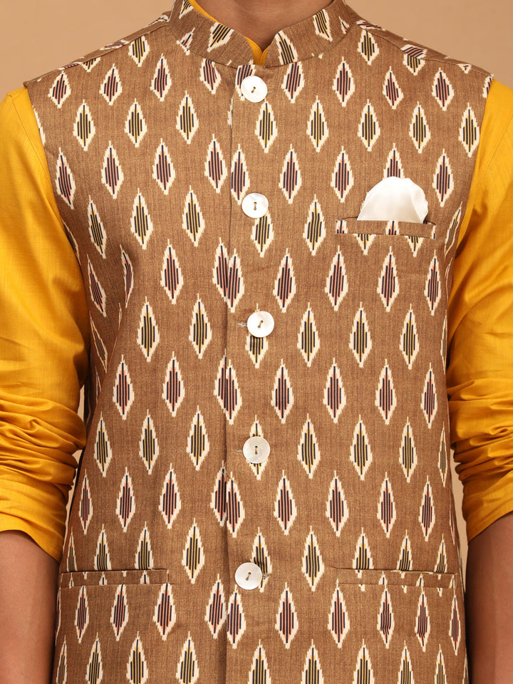 Sarvati Men's Green Printed Cotton Nehru Jacket With Mustard Kurta And White Pyjama Set