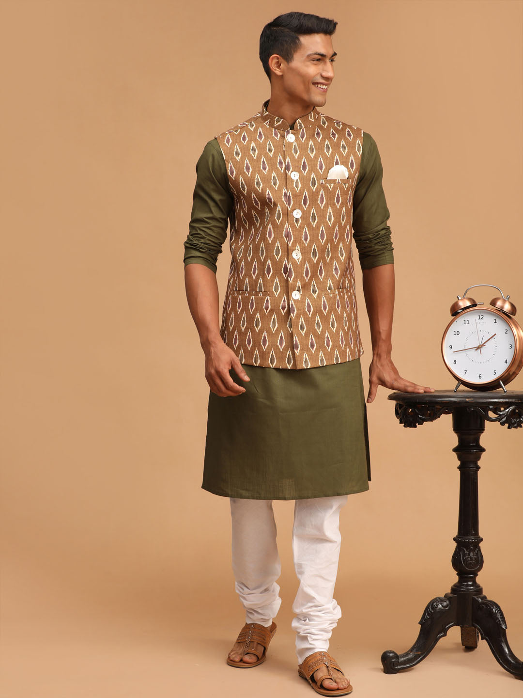 Sarvati Men's Green Printed Cotton Nehru Jacket With Mehdi Green Kurta And White Pyjama Set