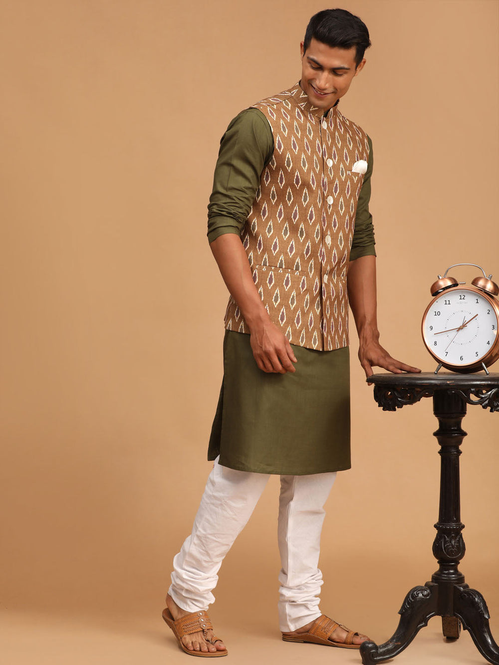 Sarvati Men's Green Printed Cotton Nehru Jacket With Mehdi Green Kurta And White Pyjama Set