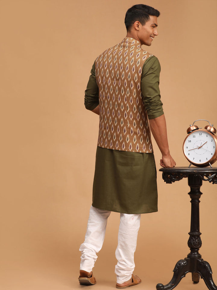 Sarvati Men's Green Printed Cotton Nehru Jacket With Mehdi Green Kurta And White Pyjama Set