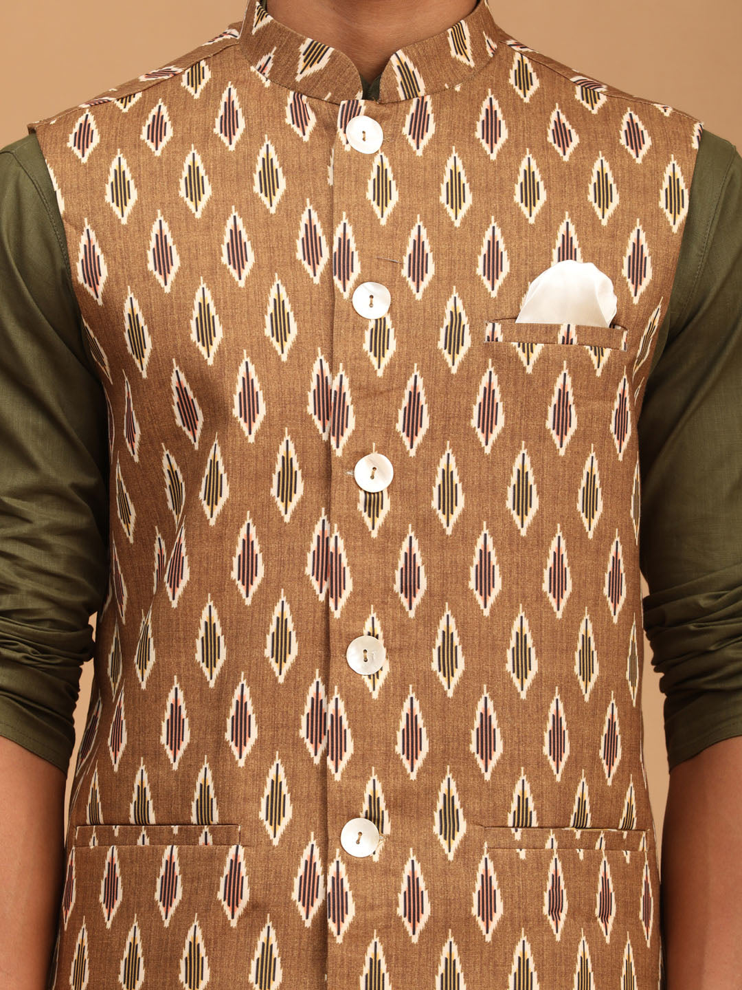 Sarvati Men's Green Printed Cotton Nehru Jacket With Mehdi Green Kurta And White Pyjama Set