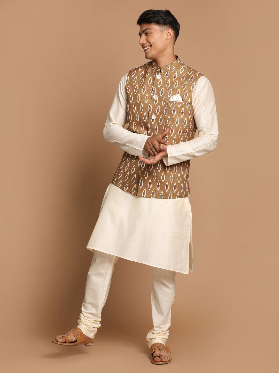 Sarvati Men's Multicolor-Base-Green Cotton Nehru Jacket With Cream Kurta Pyjama