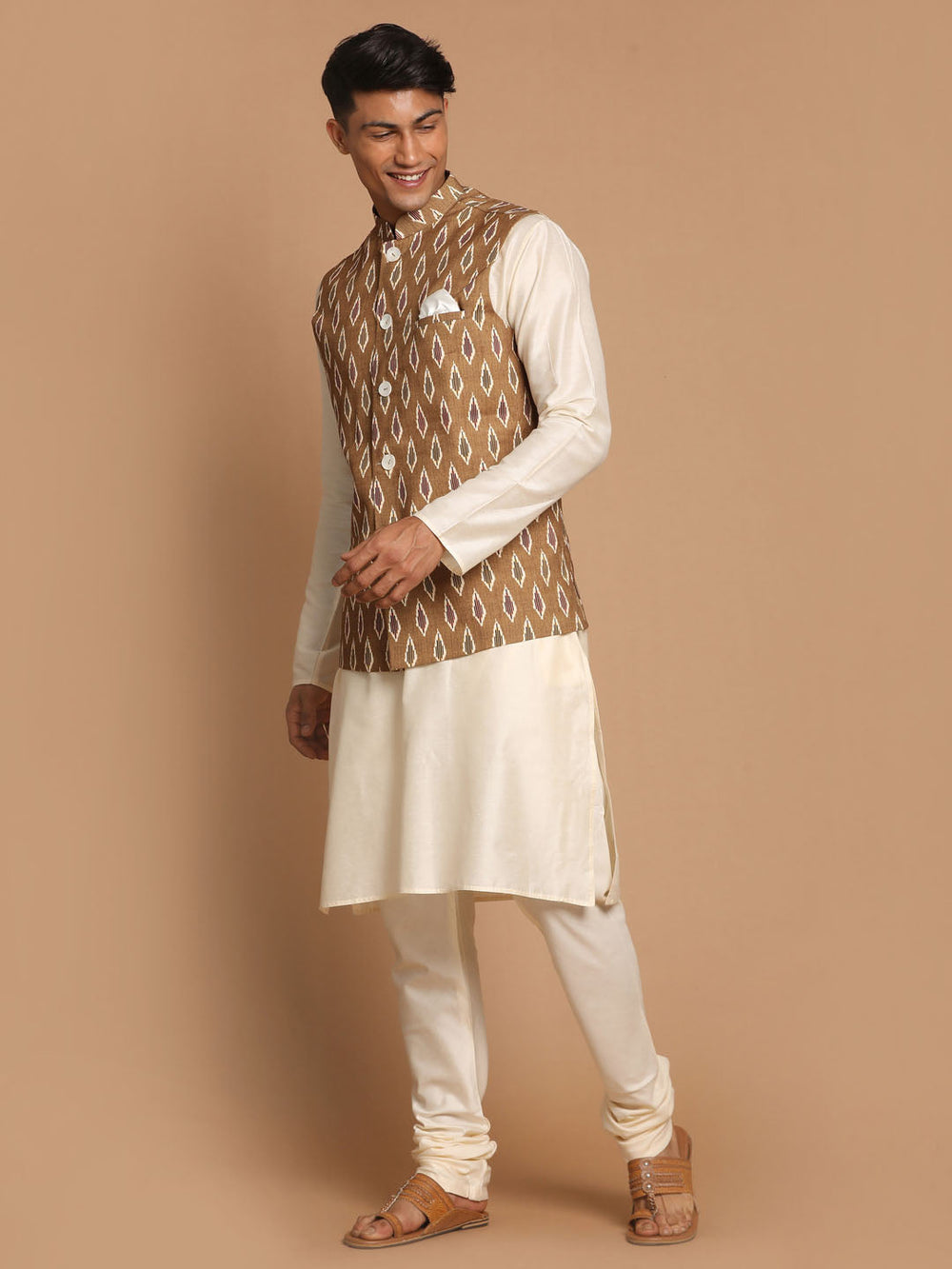 Sarvati Men's Multicolor-Base-Green Cotton Nehru Jacket With Cream Kurta Pyjama