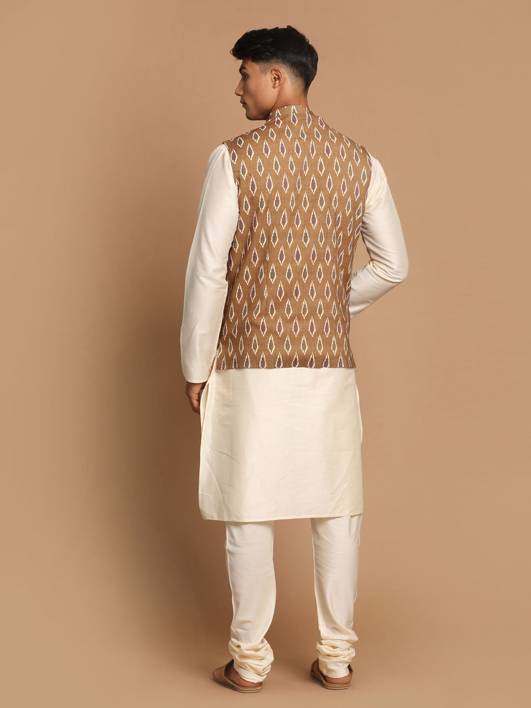 Sarvati Men's Multicolor-Base-Green Cotton Nehru Jacket With Cream Kurta Pyjama