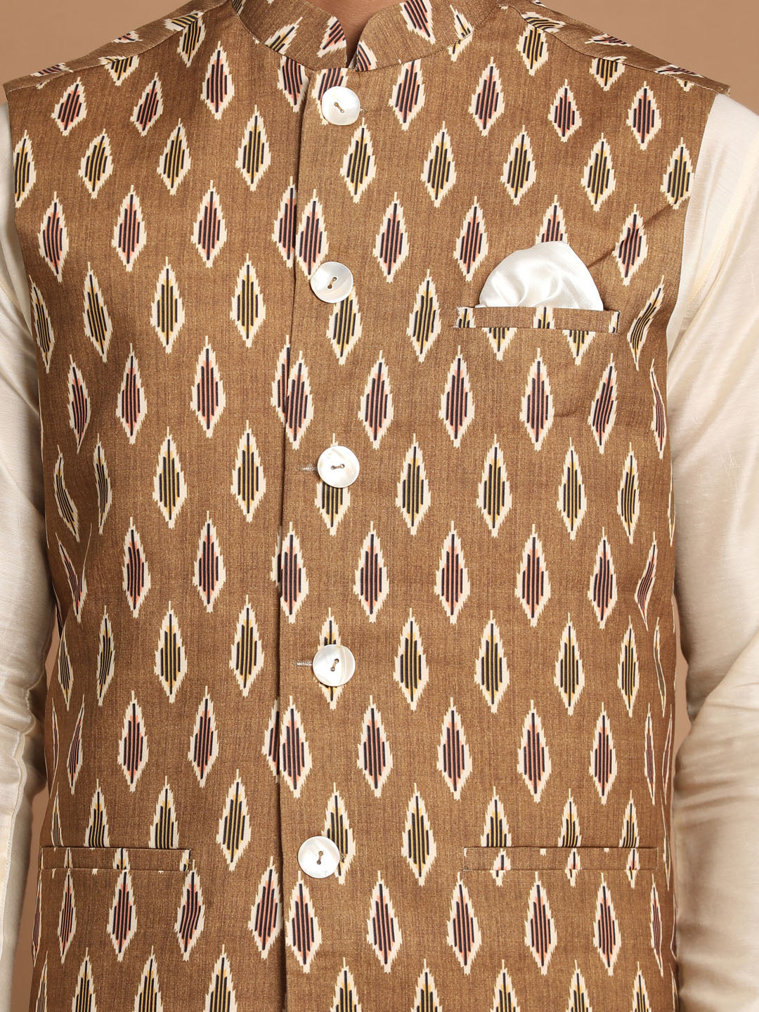 Sarvati Men's Multicolor-Base-Green Cotton Nehru Jacket With Cream Kurta Pyjama