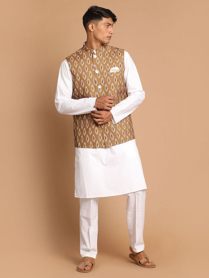 Sarvati Men's Multicolour-Base-Green Cotton Nehru Jacket  With White Pant