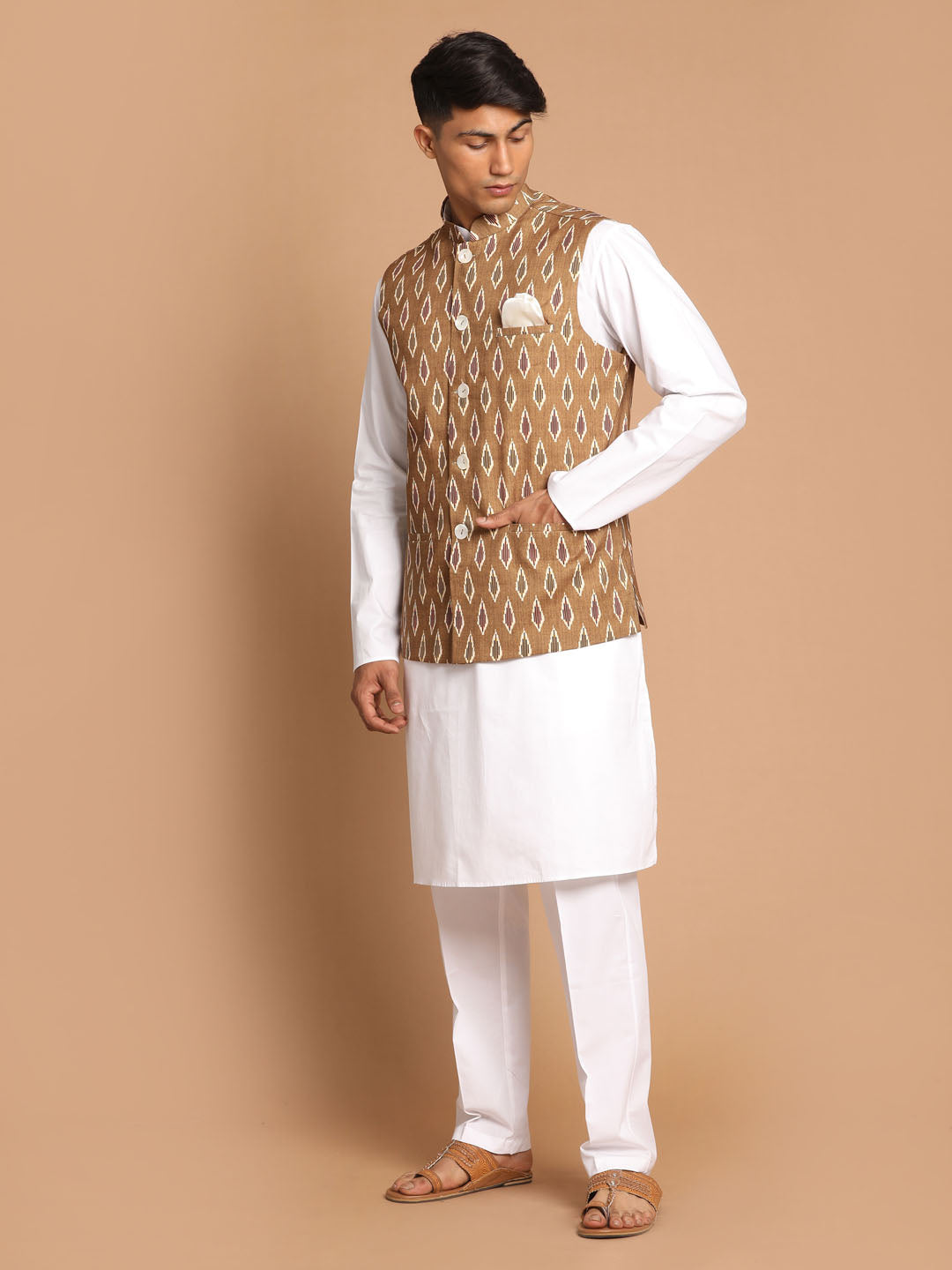 Sarvati Men's Multicolour-Base-Green Cotton Nehru Jacket  With White Pant