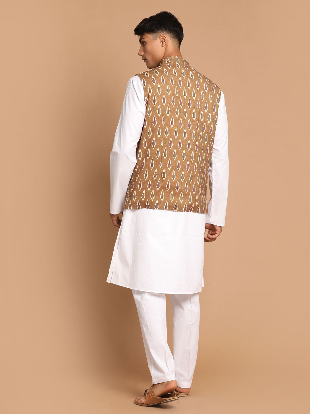 Sarvati Men's Multicolour-Base-Green Cotton Nehru Jacket  With White Pant