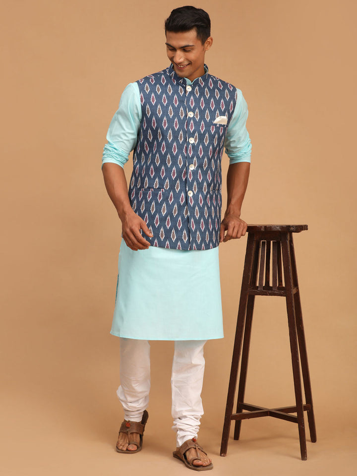 Sarvati Men's Grey Printed Cotton Nehru Jacket With Aqua Kurta And White Pyjama Set