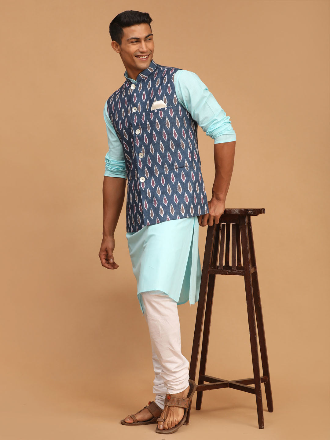 Sarvati Men's Grey Printed Cotton Nehru Jacket With Aqua Kurta And White Pyjama Set