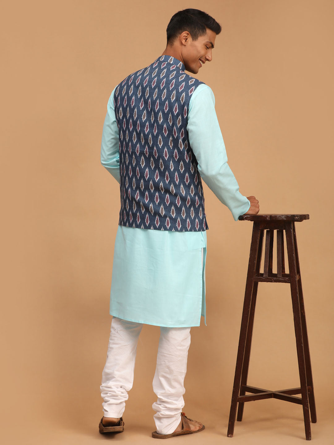 Sarvati Men's Grey Printed Cotton Nehru Jacket With Aqua Kurta And White Pyjama Set