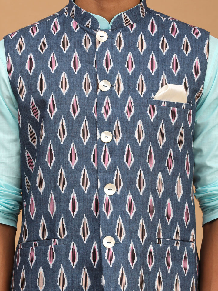 Sarvati Men's Grey Printed Cotton Nehru Jacket With Aqua Kurta And White Pyjama Set