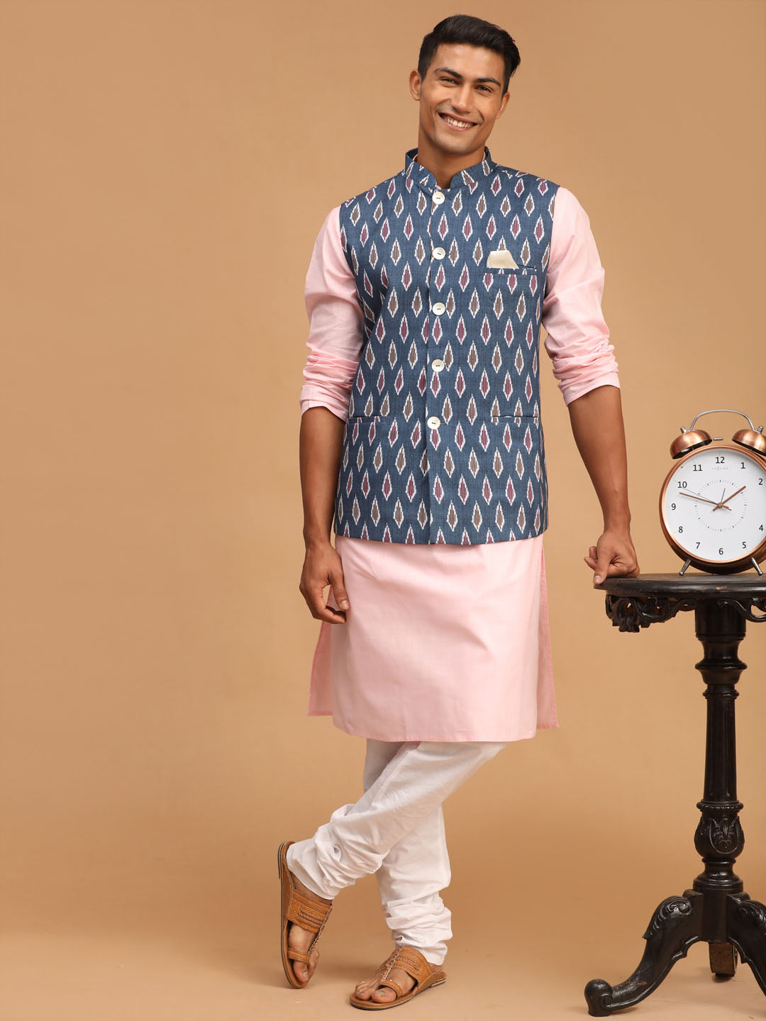 Sarvati Men's Gray Printed Cotton Nehru Jacket With Pink Kurta And White Pyjama Set