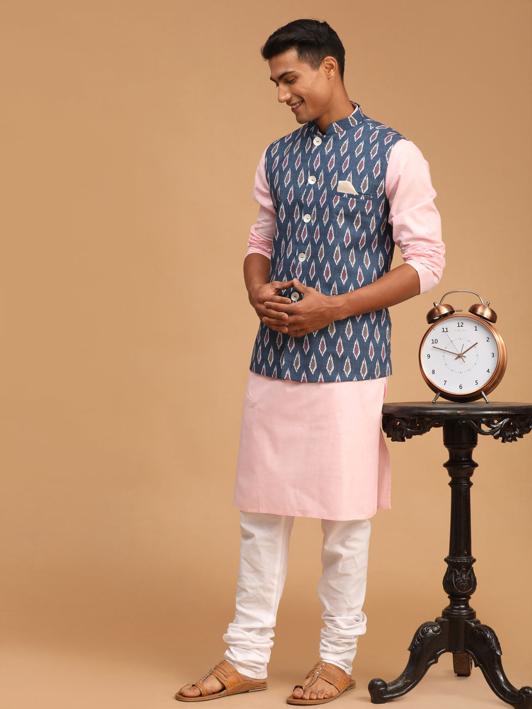 Sarvati Men's Gray Printed Cotton Nehru Jacket With Pink Kurta And White Pyjama Set