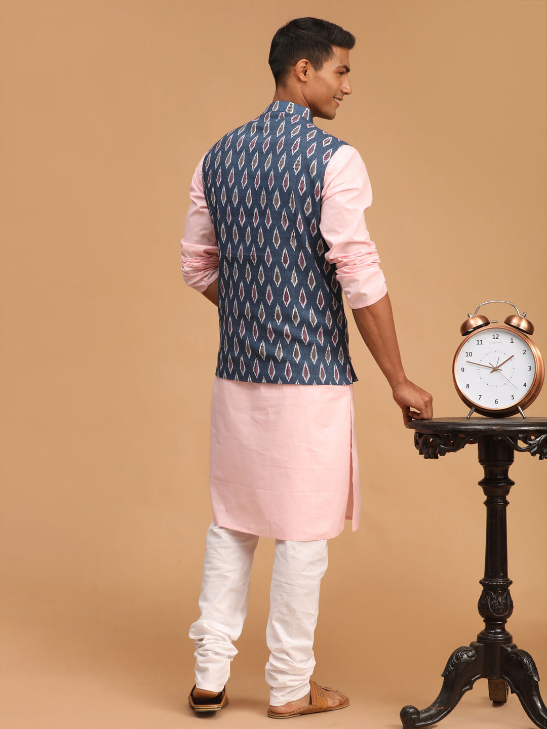 Sarvati Men's Gray Printed Cotton Nehru Jacket With Pink Kurta And White Pyjama Set