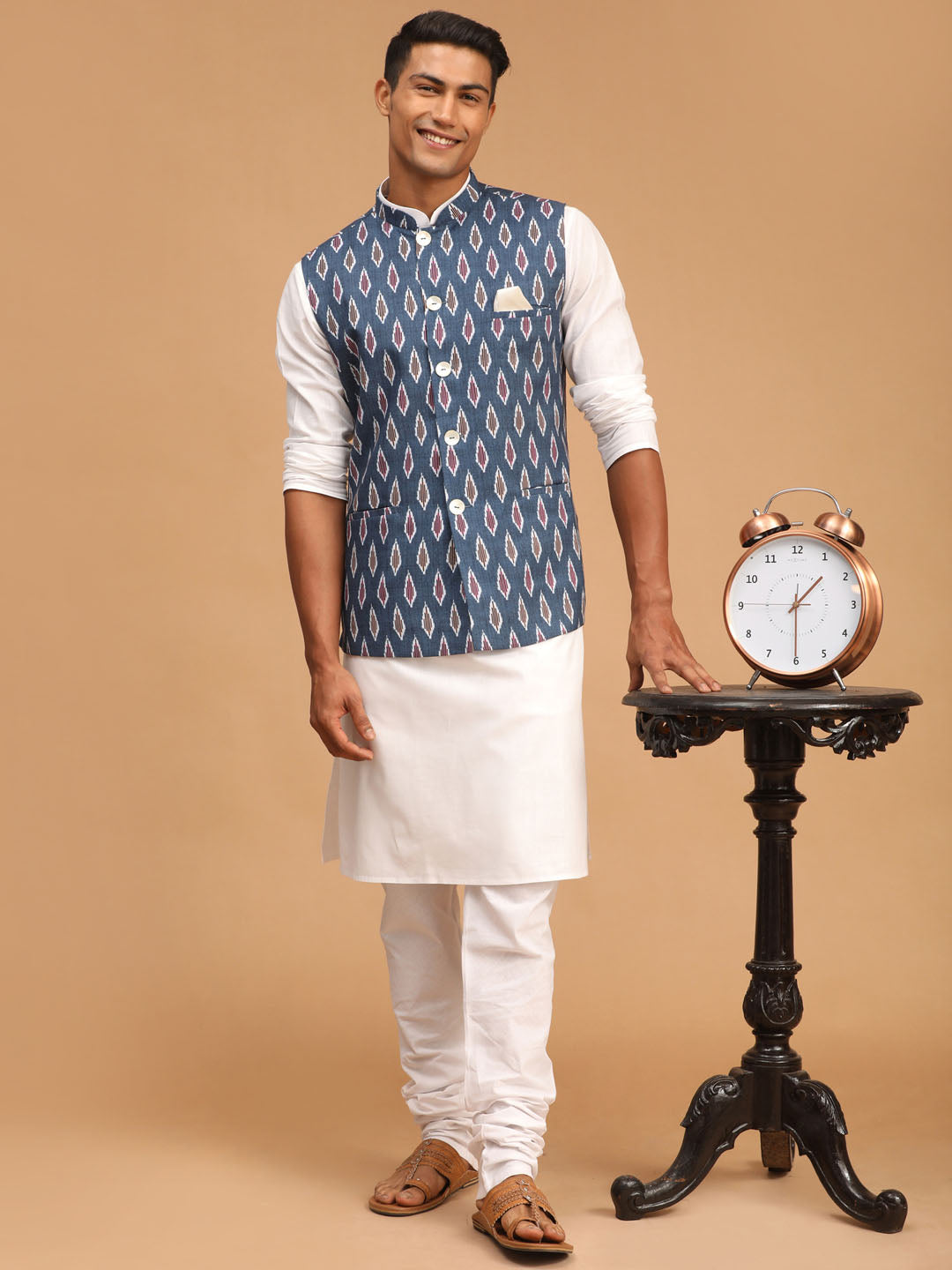 Sarvati Men's Grey Printed Cotton Nehru Jacket With White Kurta And Pyjama Set