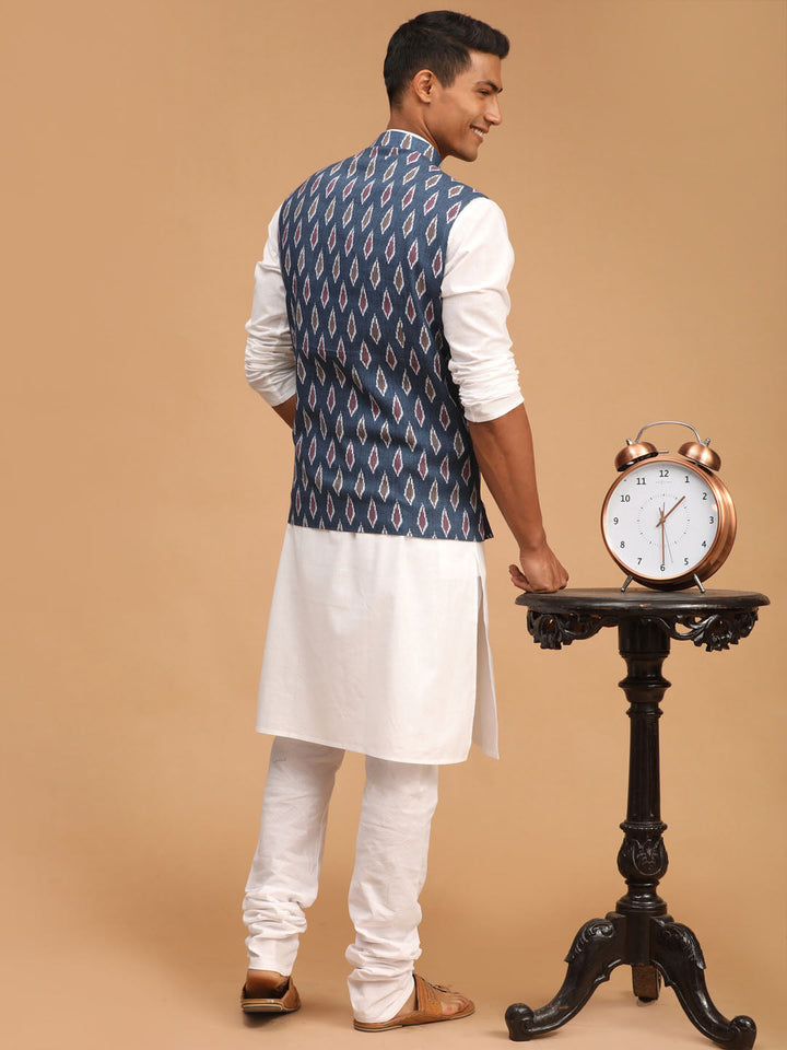 Sarvati Men's Grey Printed Cotton Nehru Jacket With White Kurta And Pyjama Set