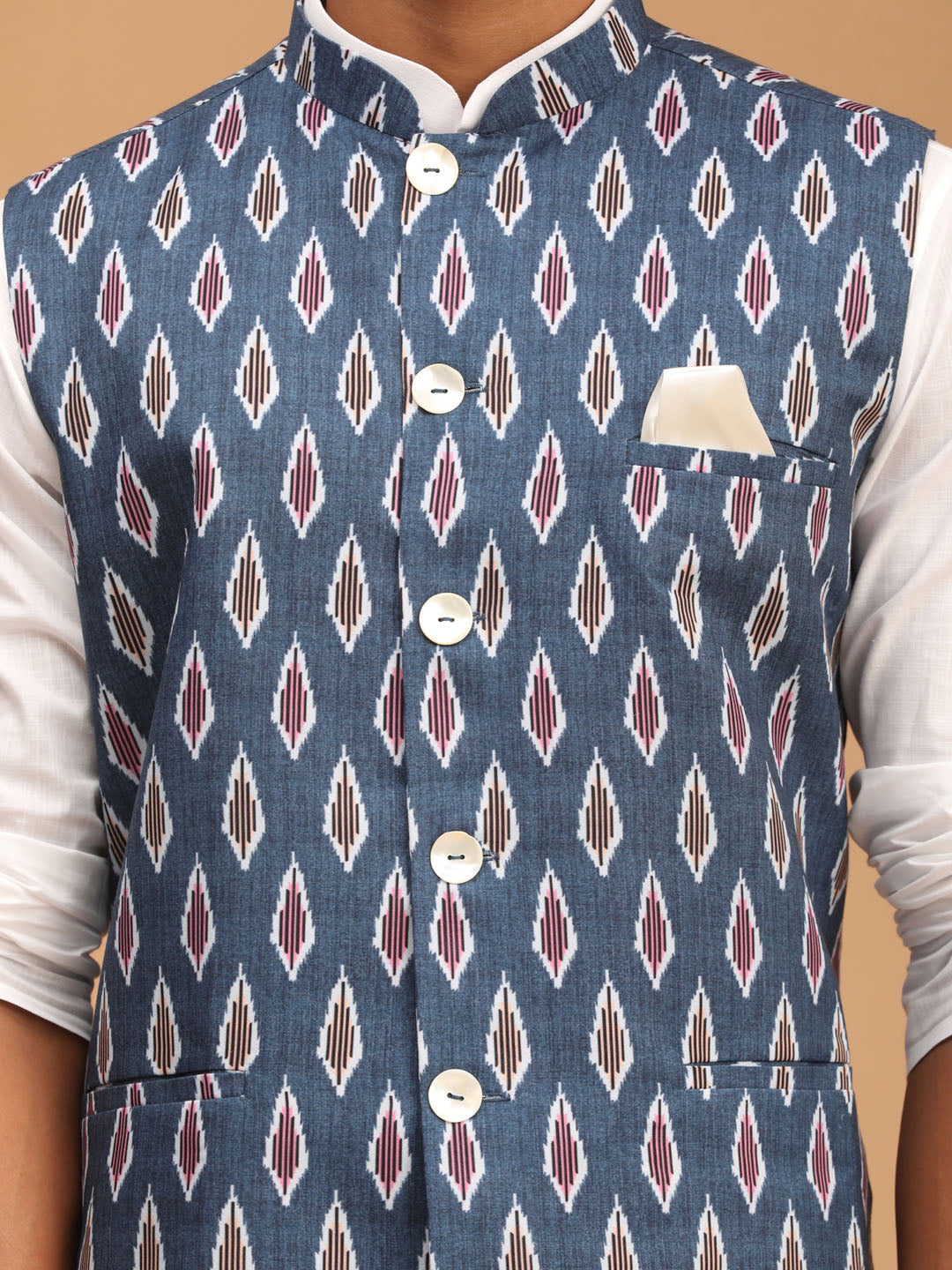 Sarvati Men's Grey Printed Cotton Nehru Jacket With White Kurta And Pyjama Set