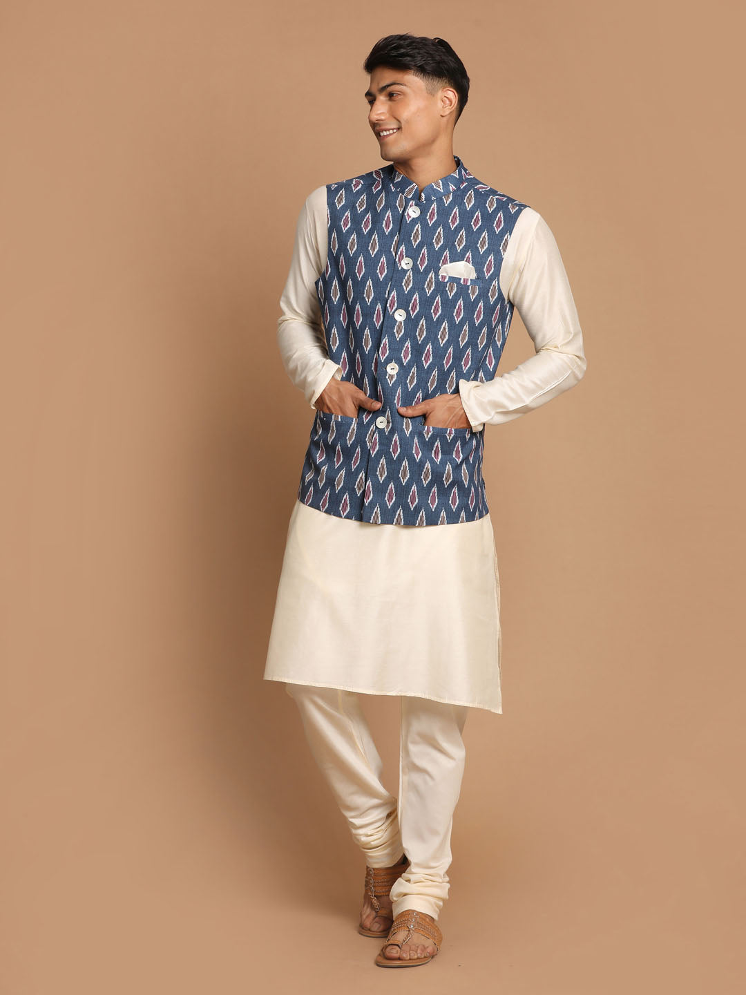 Sarvati Men's Grey Printed Cotton Nehru Jacket With Cream Kurta Pyjama