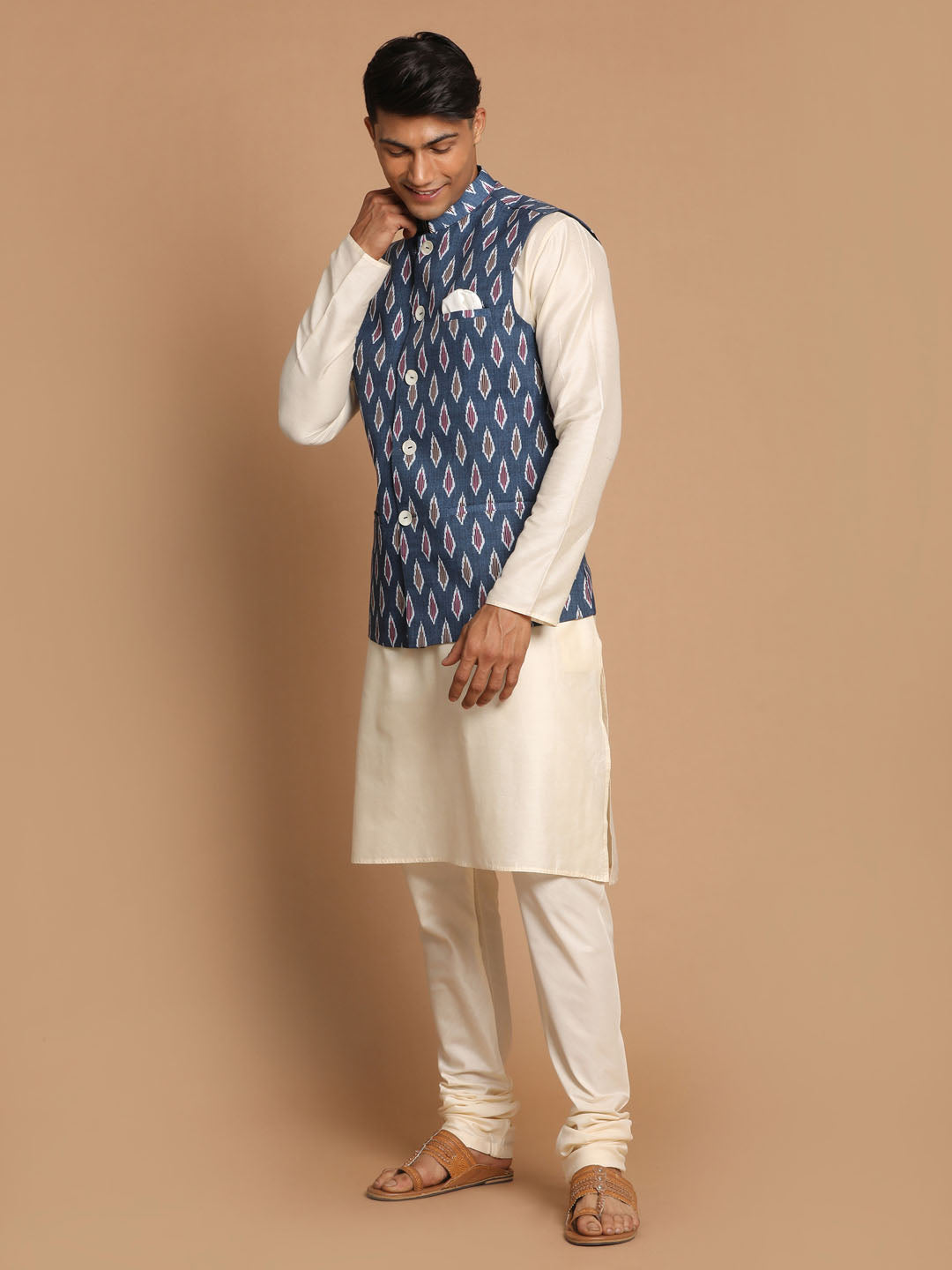 Sarvati Men's Grey Printed Cotton Nehru Jacket With Cream Kurta Pyjama