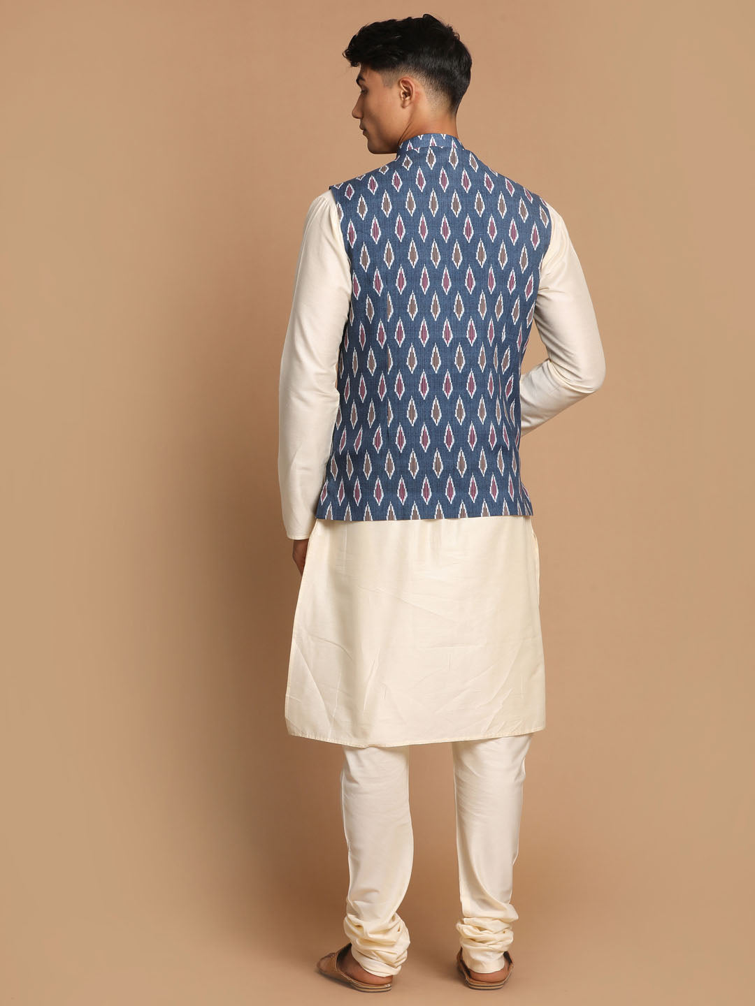 Sarvati Men's Grey Printed Cotton Nehru Jacket With Cream Kurta Pyjama