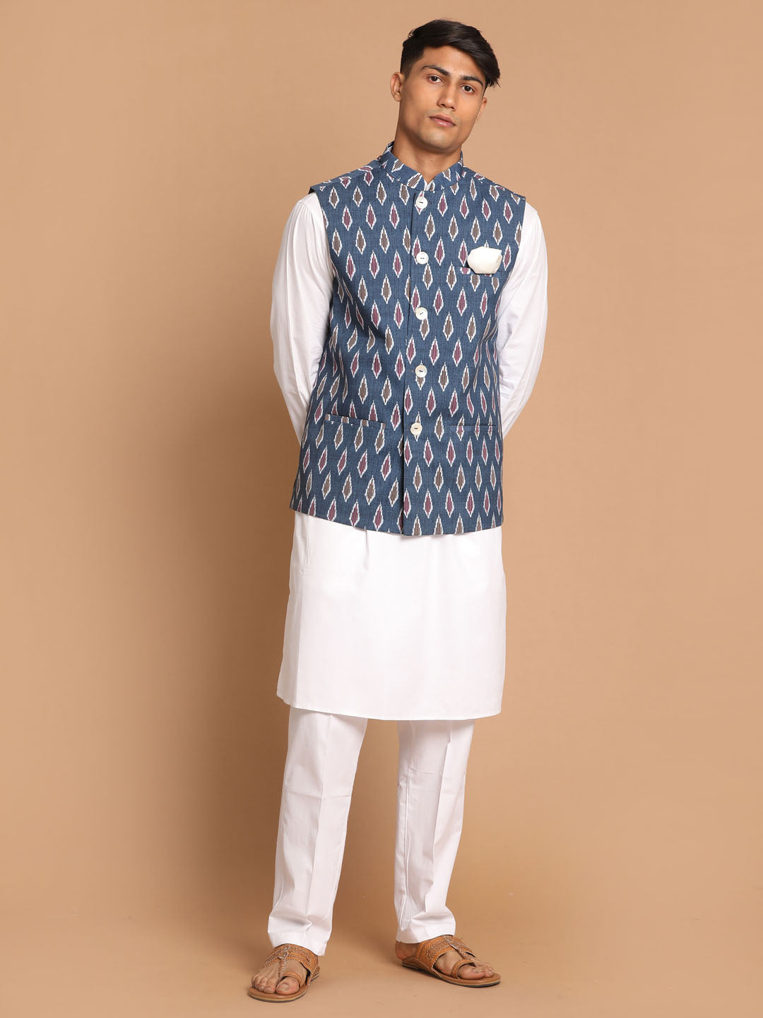 Sarvati Men's Grey Printed Cotton Nehru Jacket With White Kurta And Pant Set