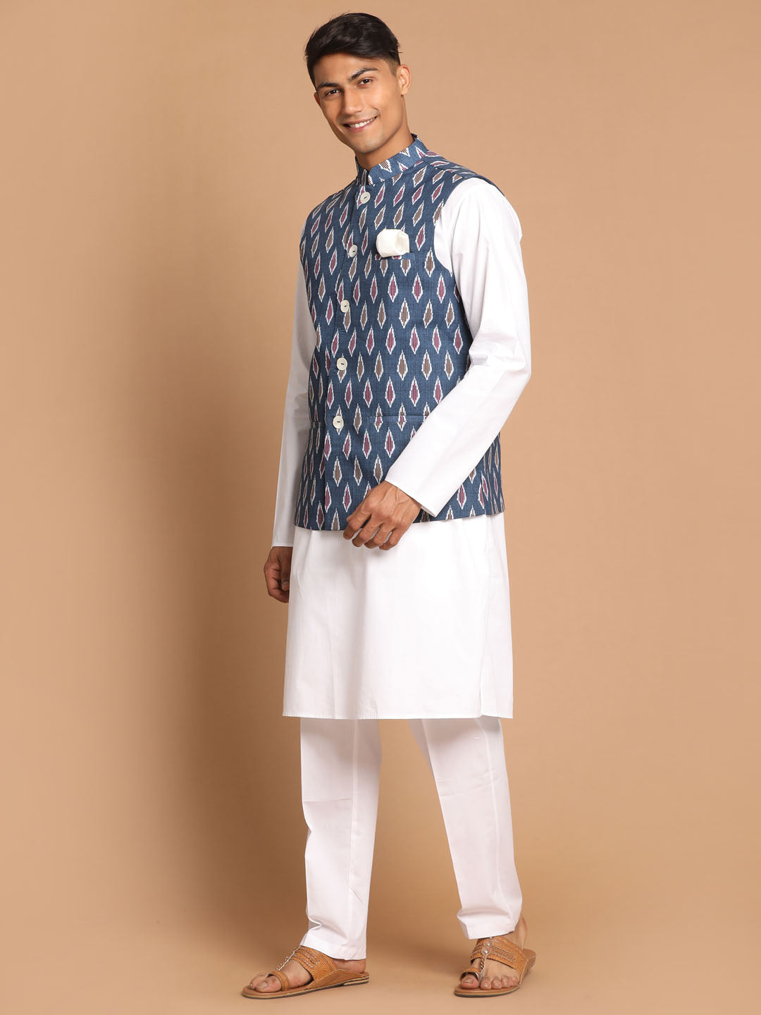 Sarvati Men's Grey Printed Cotton Nehru Jacket With White Kurta And Pant Set