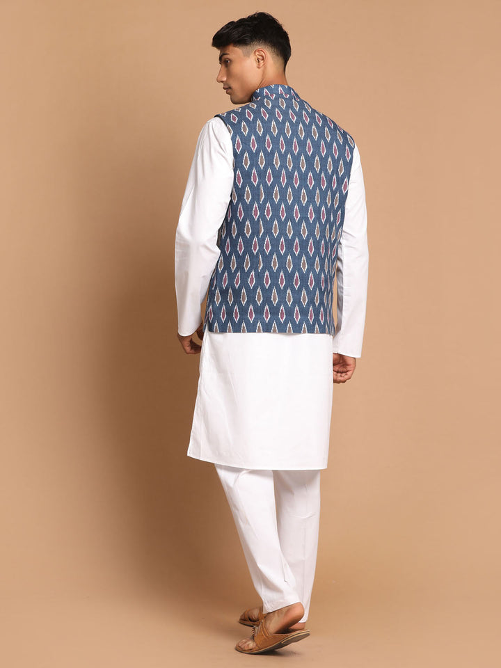 Sarvati Men's Grey Printed Cotton Nehru Jacket With White Kurta And Pant Set