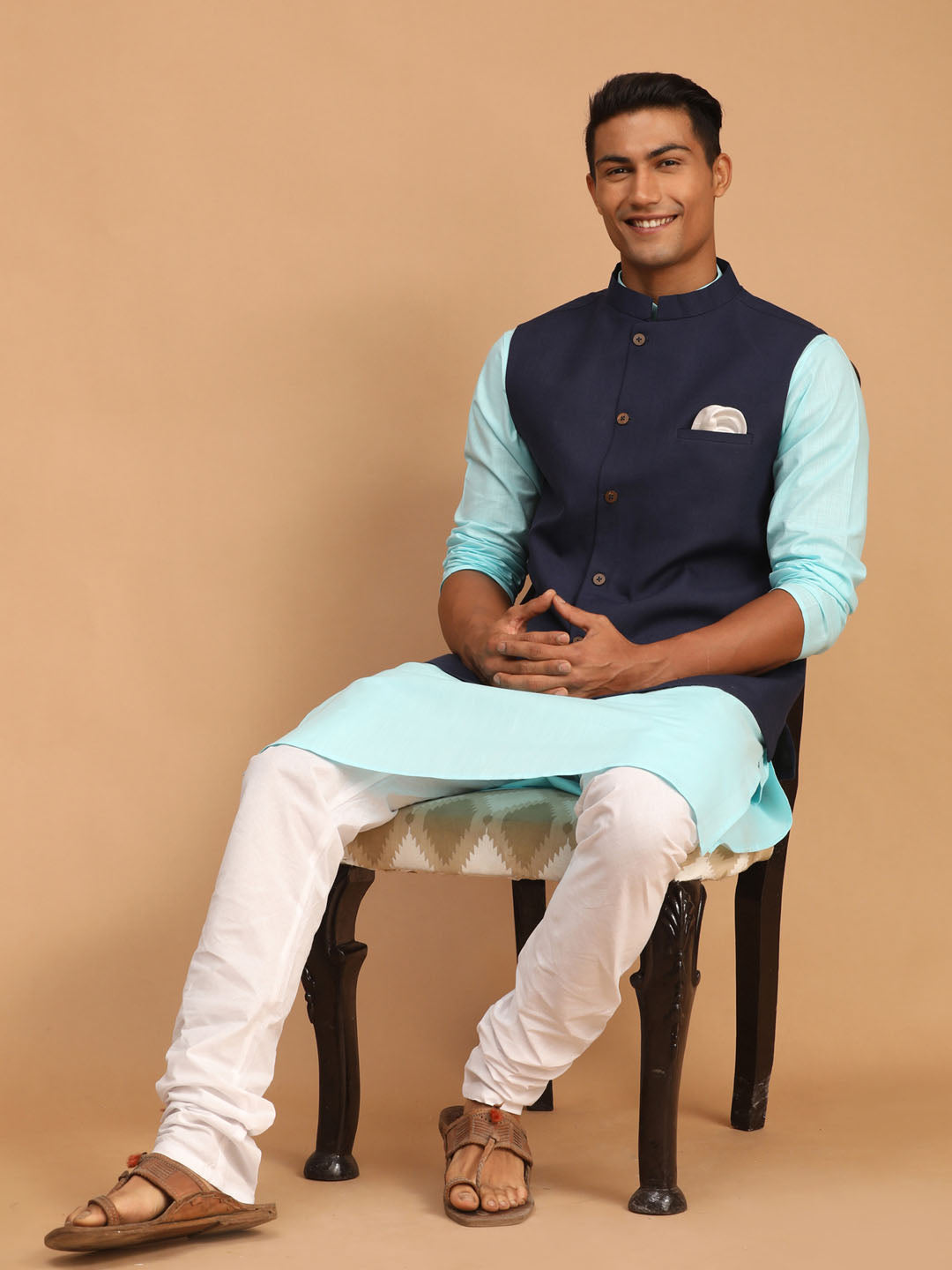 Sarvati Men's Navy Blue Solid Cotton Nehru Jacket With Aqua Blue Kurta And White Pyjama Set