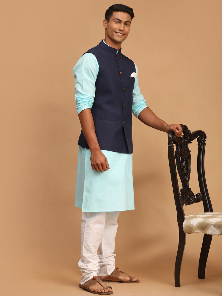 Sarvati Men's Navy Blue Solid Cotton Nehru Jacket With Aqua Blue Kurta And White Pyjama Set