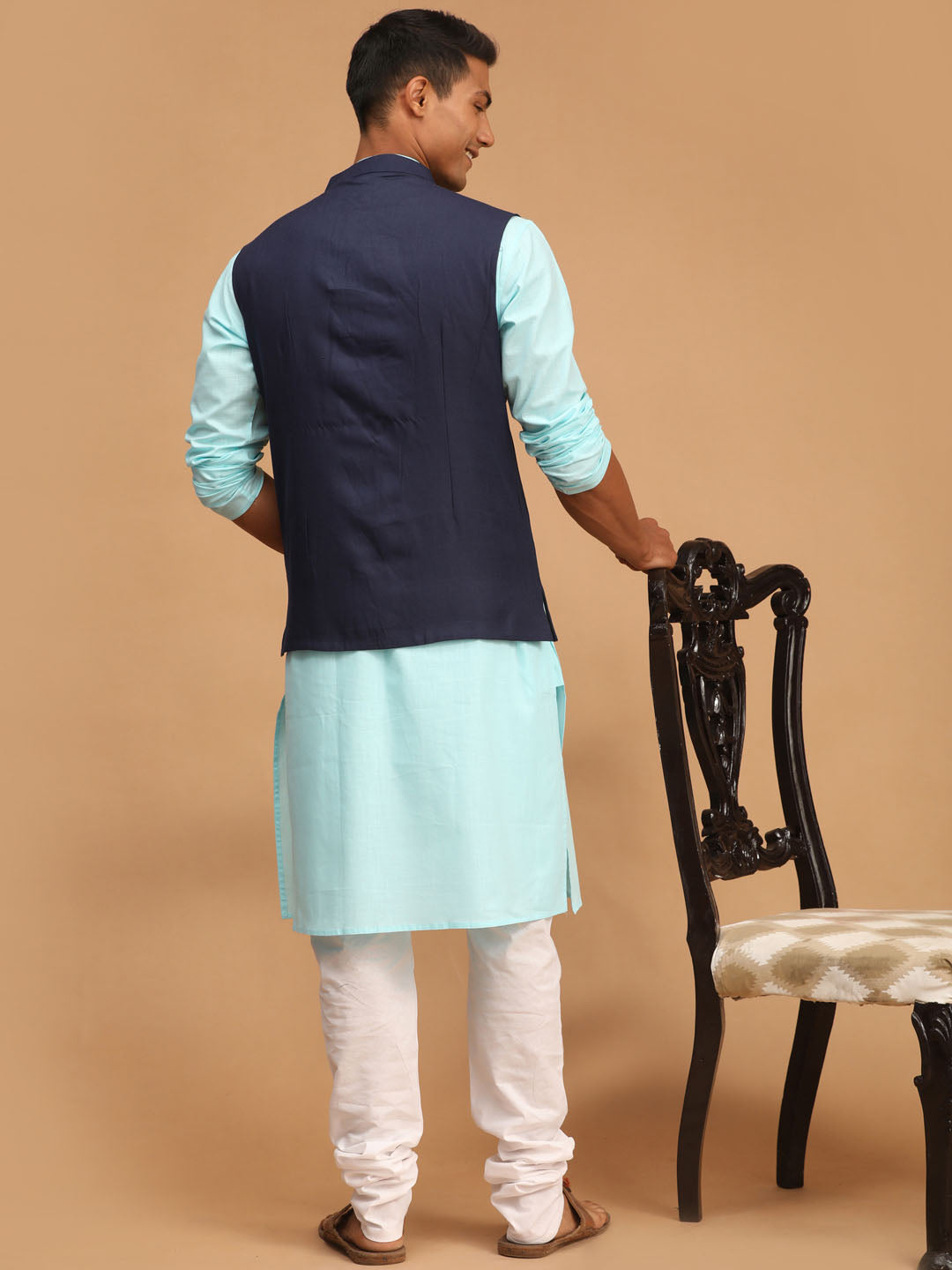 Sarvati Men's Navy Blue Solid Cotton Nehru Jacket With Aqua Blue Kurta And White Pyjama Set