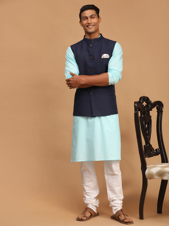 Sarvati Men's Navy Blue Solid Cotton Nehru Jacket With Aqua Blue Kurta And White Pyjama Set