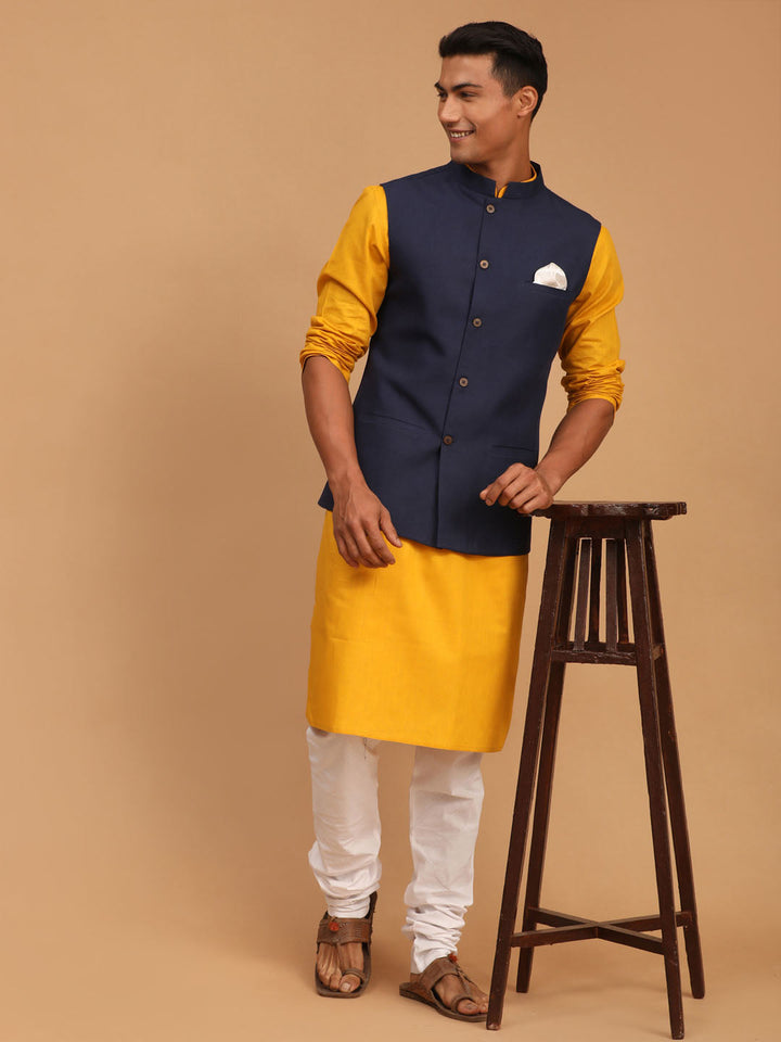 Sarvati Men's Navy Blue Solid Cotton Nehru Jacket With Mustard Kurta And White Pyjama Set