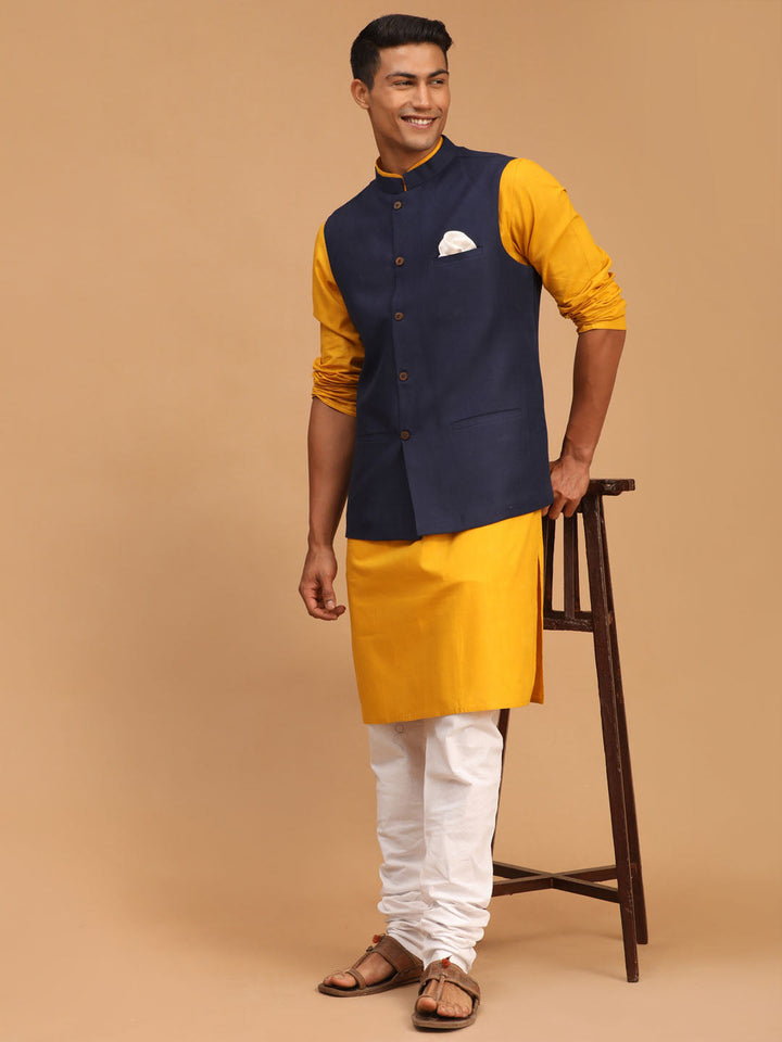 Sarvati Men's Navy Blue Solid Cotton Nehru Jacket With Mustard Kurta And White Pyjama Set